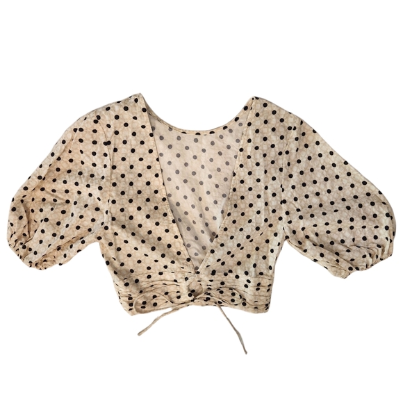 Peony Swimwear Resortwear Tie Front Crop Puff Sleeve Polka Dot Top - Picture 4 of 16